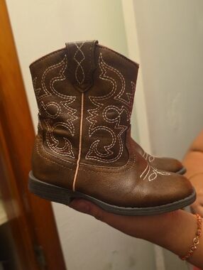 wonder nation Brown Kids Western Cowboy Boots with White Stitching